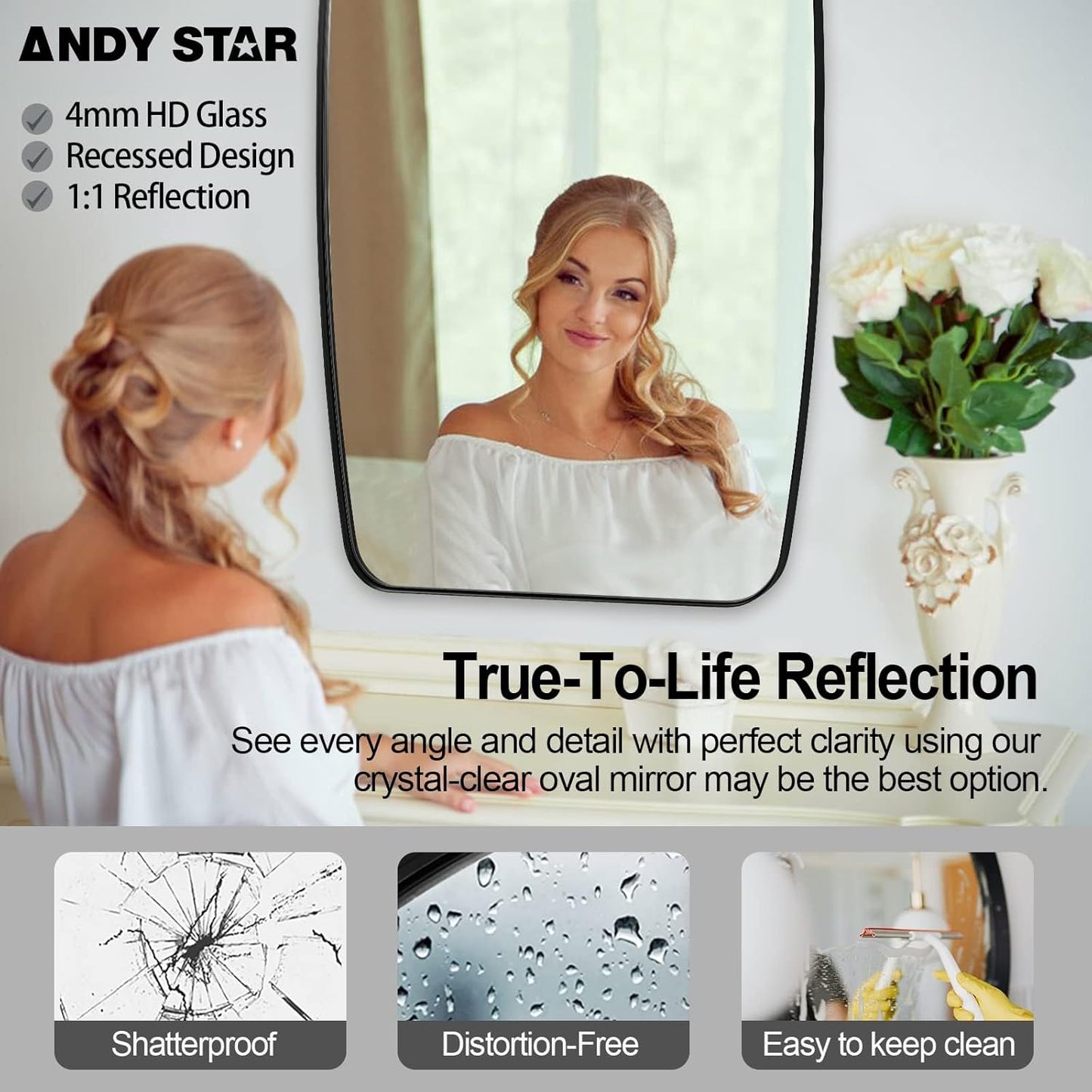 ANDY STAR Oval Mirrors for Bathroom, 30x48’’ Black Oval Mirror for Bathroom, Oblong Mirrors with Black Metal Frame Pill Shaped Mirror Wall Mounted Horizontal or Vertical