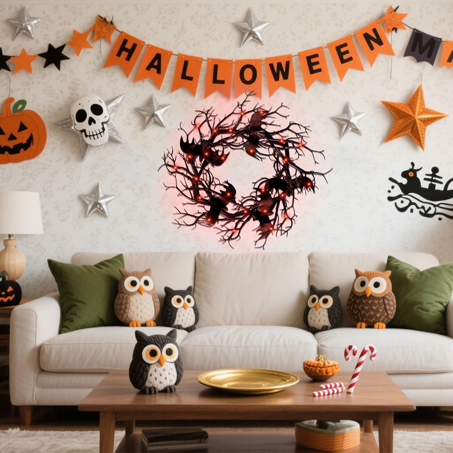 Halloween Black Branch Wreath - 18 Inch Black Twig Halloween Bat Wreaths with Red Lights for Front Door Indoor Outdoor Party Window Wall Decor Farmhouse Garland Yard