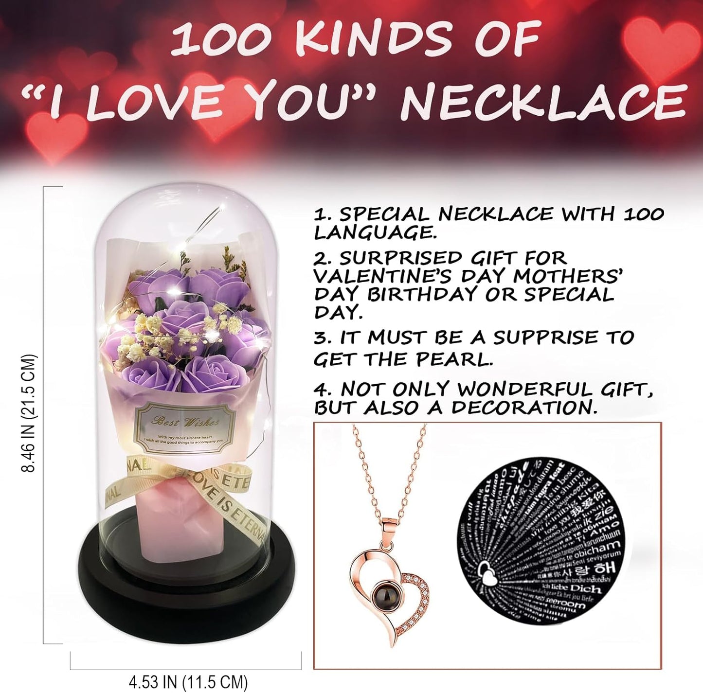 Gift for Her Forever Flower Bouquet for Delivery Prime Preserved Purple Roses Glass Dome LED Light 100 Languages I LOVE YOU Necklace Mothers Day Birthday Romantic Valentines Gift for Wife Women Mom