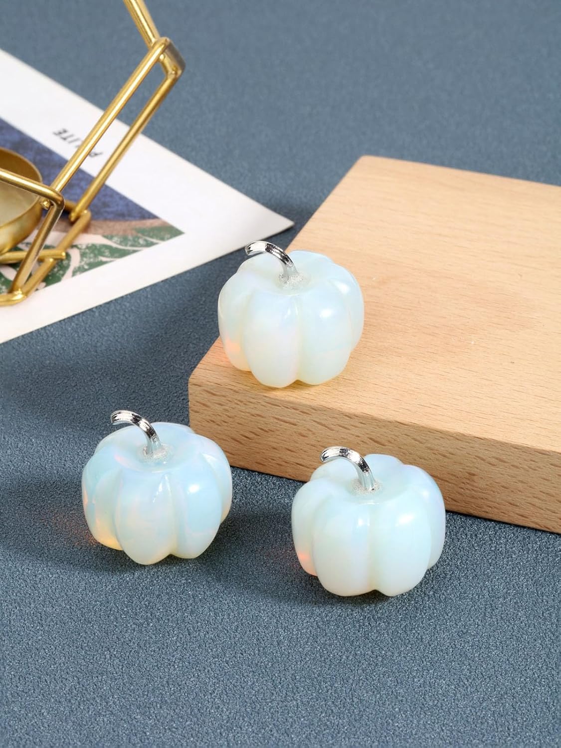 Jovivi Opalite Crystal Pumpkin Figurine, 1.2" Mini Carved Gemstone Pumpkin Statue Decor Healing Stones Decorative Ornaments for Fall Harvest Thanksgiving Halloween Decorations Home Decor