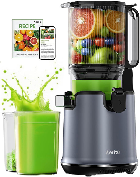 Juicer Machines,Aeitto Cold Press Juicer with 5.3“ Extra Large Feed Chute for Whole Fruits & Vegetables, Slow Masticating Juice Extractor, Self Feeding, Easy to Clean, High Juice Yield, Grey