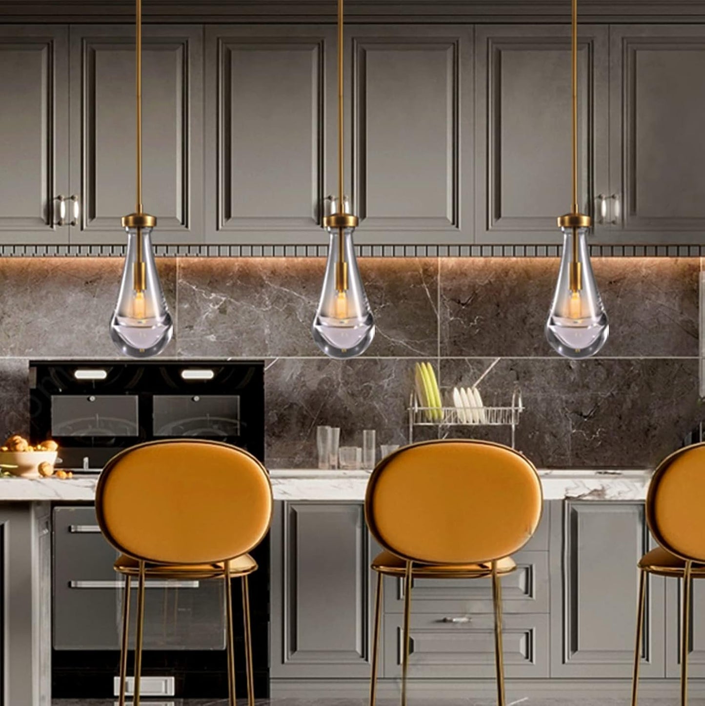 Modern Raindrop Pendant Lights, Pendant Lights for Kitchen Island, Brass Rod Dining Room Light Fixture， Clear Solid Raindrop Chandelier, Chandelier for Living Room Hallway, Including Bulb