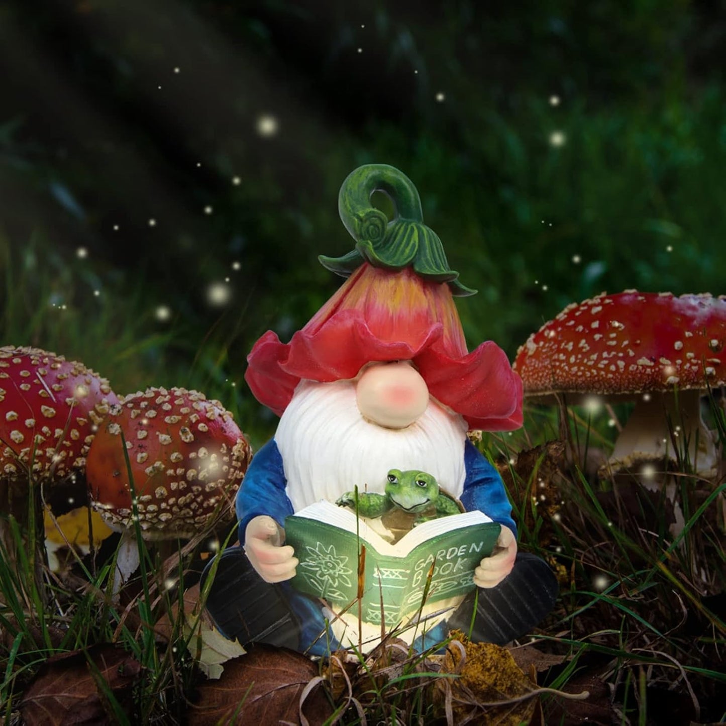 Garden Gnome Statue-Resin Gnome Figurine Hugging Turtle Reading Book with Solar LED Lights，Outdoor Summer Decorations for Patio Yard Lawn Porch,Garden Ornament Gift