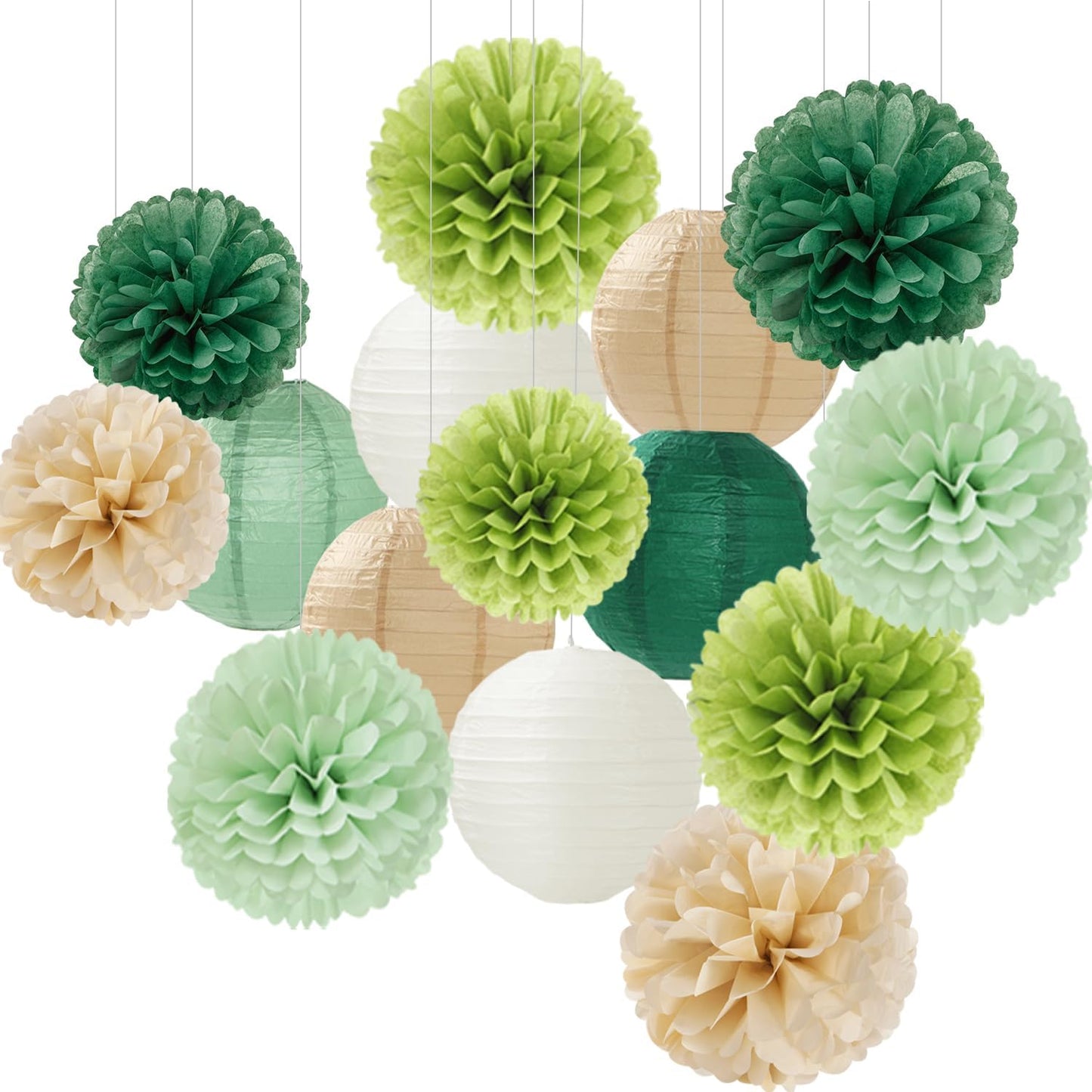 Sage Green-Boho Party-Decorations Paper Flowers Lanterns - 15PCS Birthday Gender Neutral Baby Shower Tissue Pom Poms Streamers, Champagne Gold Rustic Wedding Graduation Hanging Supplies Decor Hugfond