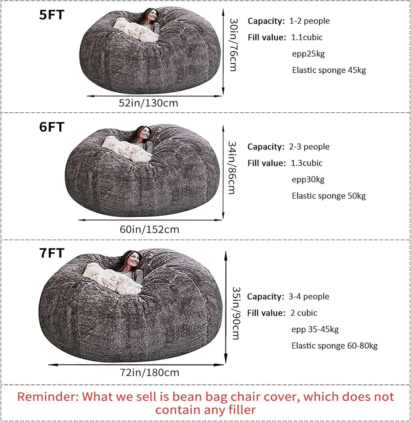 Big Huge Giant Bean Bag Chair for Adults, (No Filler) Bean Bag Chairs in Multiple Sizes and Colors Giant Foam-Filling Required- Machine Washable Covers, Double Stitched Seams (Khaki,6FT)