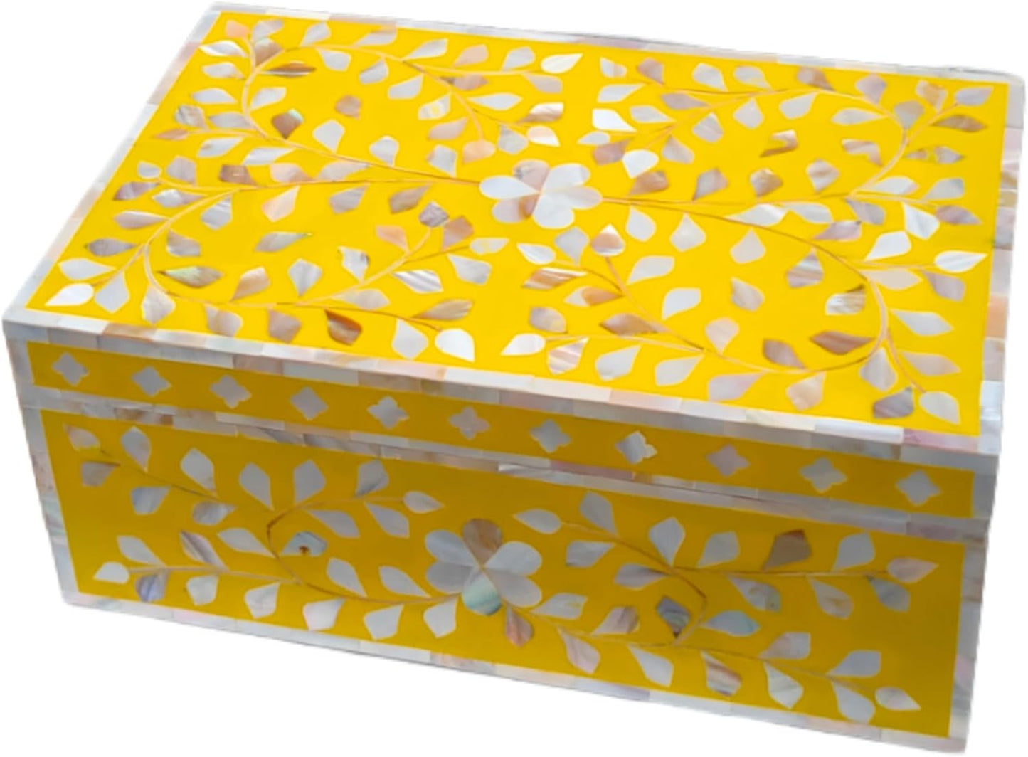 Decorative Storage Box Of Mother Of Pearl Inlay Floral Design Wooden Storage Box For Home Decoration For Living Dining & Bedroom (Yellow_9x6x3.5 inch)
