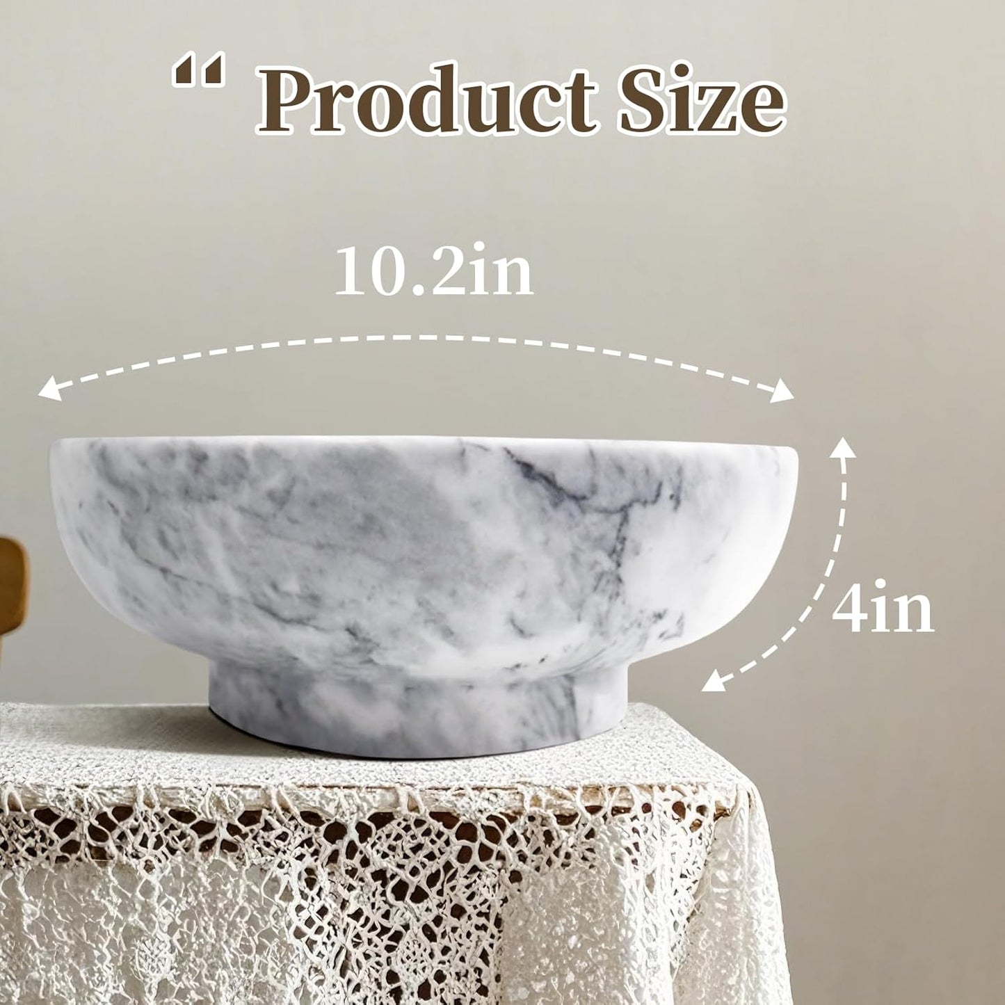 Natural White Marble Bowl with Grey Veins Large Decorative Bowl for Home Decor，Entryway, Fruit Display, Key Holder, Centerpiece (10.2" Diameter)