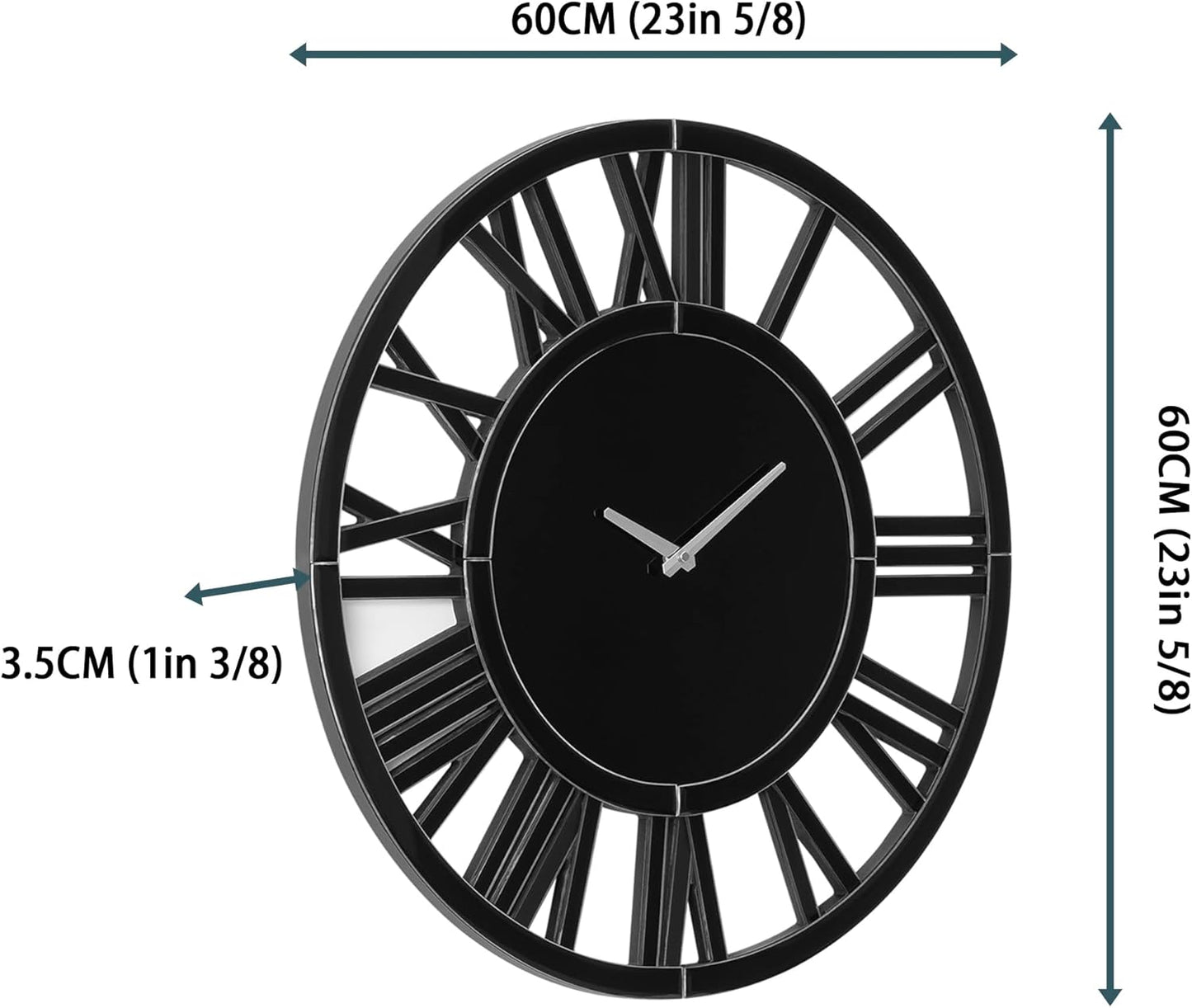 SHYFOY Large Wall Clock - 23.6" Modern Black Wall Clock with Roman Numerals, Decorative Wall Clocks for Living Room, Bedroom, Office - Easy to Hang, Silent Non-Ticking