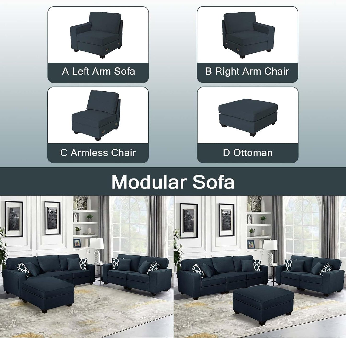 L Lengend Vansen Modular Sectional Sofa U Shaped Couch with Ottoman Modern Reversible Corner Sectional Couch for Living Room (Charcoal, 2+3 with Ottoman)