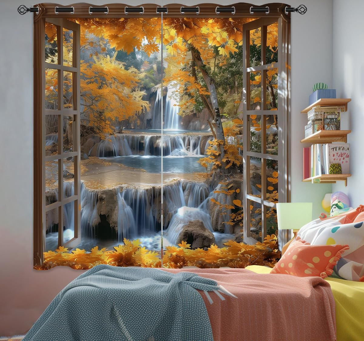 Landscape Blackout Curtains for Girls Boys Teens Home Decor, Nature 3D Autumn Fall Forest Maples Grommet Thermal Insulated Drapes Darkening Window Curtain for Bedroom Living Room, 72 x 63 Inch