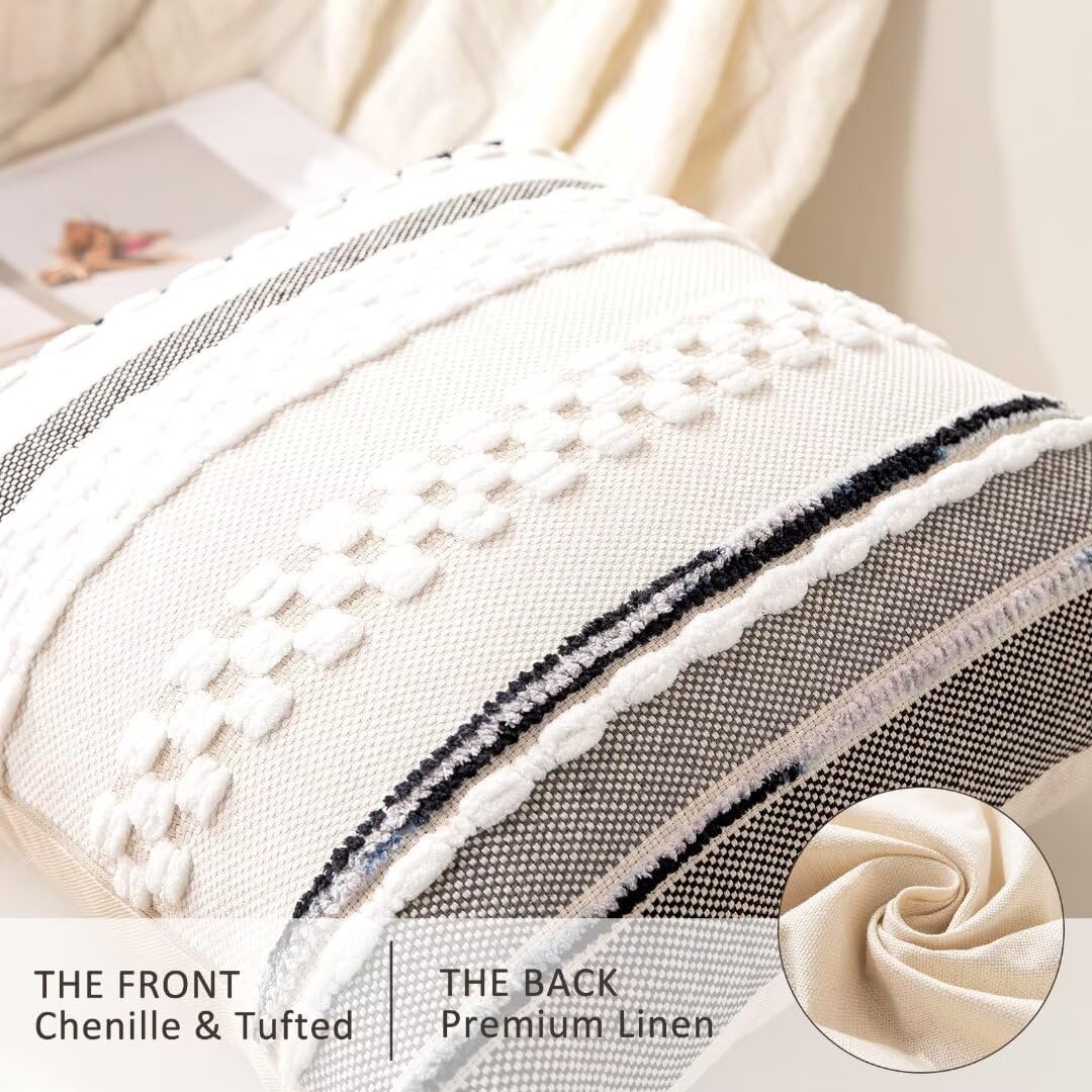 Boho Throw Pillow Covers 18x18 Set of 2 Farmhouse Decorative Cushion Case Striped Square Pillows Cover Chenille Pillow Cases Accent Neutral Pillowcase for Sofa Couch Bed,White