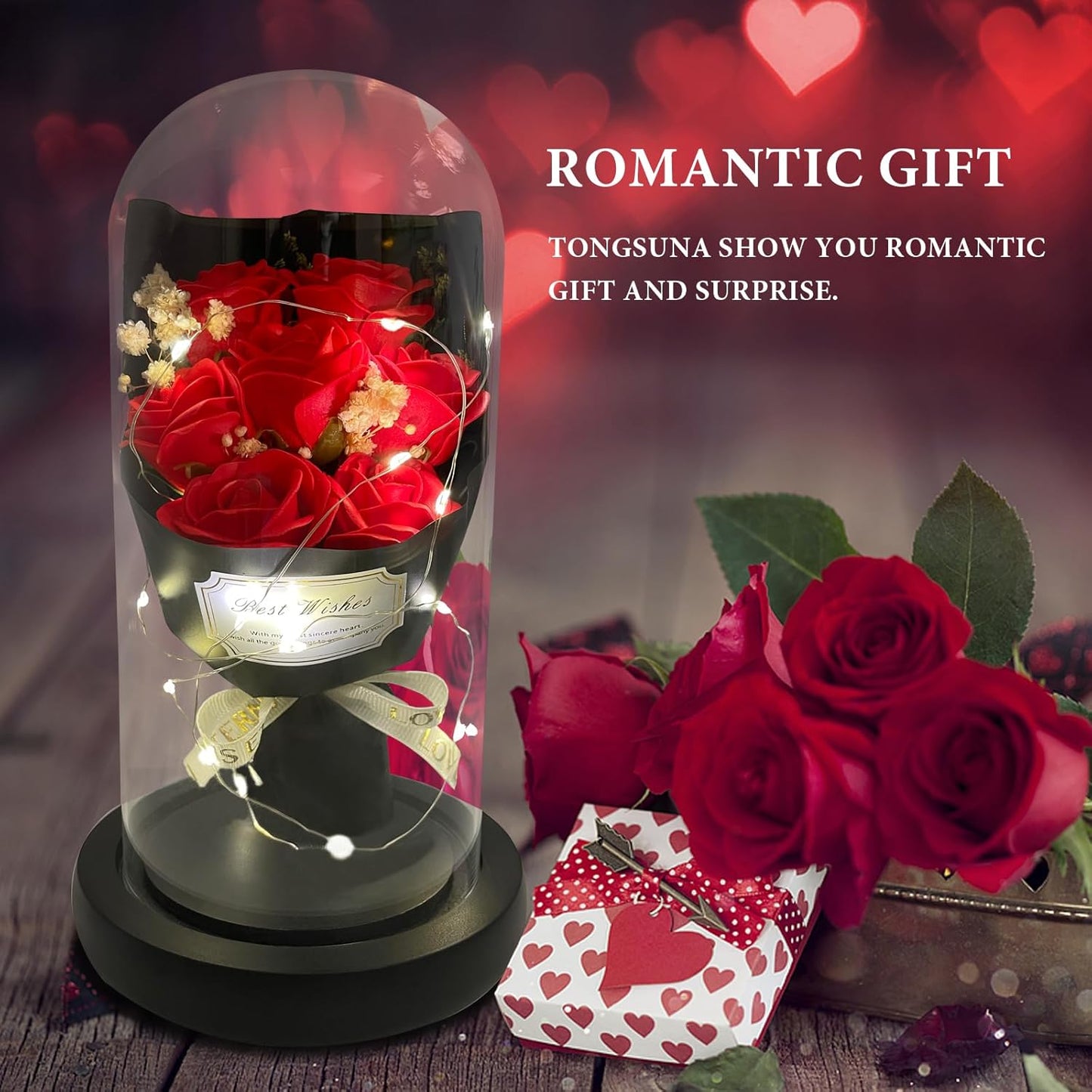 Gift for Her Forever Flower Bouquet for Delivery Prime Preserved Red Roses Glass Dome LED Light 100 Languages I LOVE YOU Necklace Mothers Day Birthday Romantic Valentines Gift for Wife Women Mom