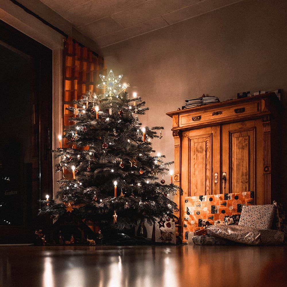 YEAHOME Christmas Tree Topper, Silver Glittered Hollow 7-Point Star Tree Topper, Lighted Wire Star with 20 LED Lights for Christmas Treetop, Xmas Tree Topper with Timer, Christmas Tree Decorations