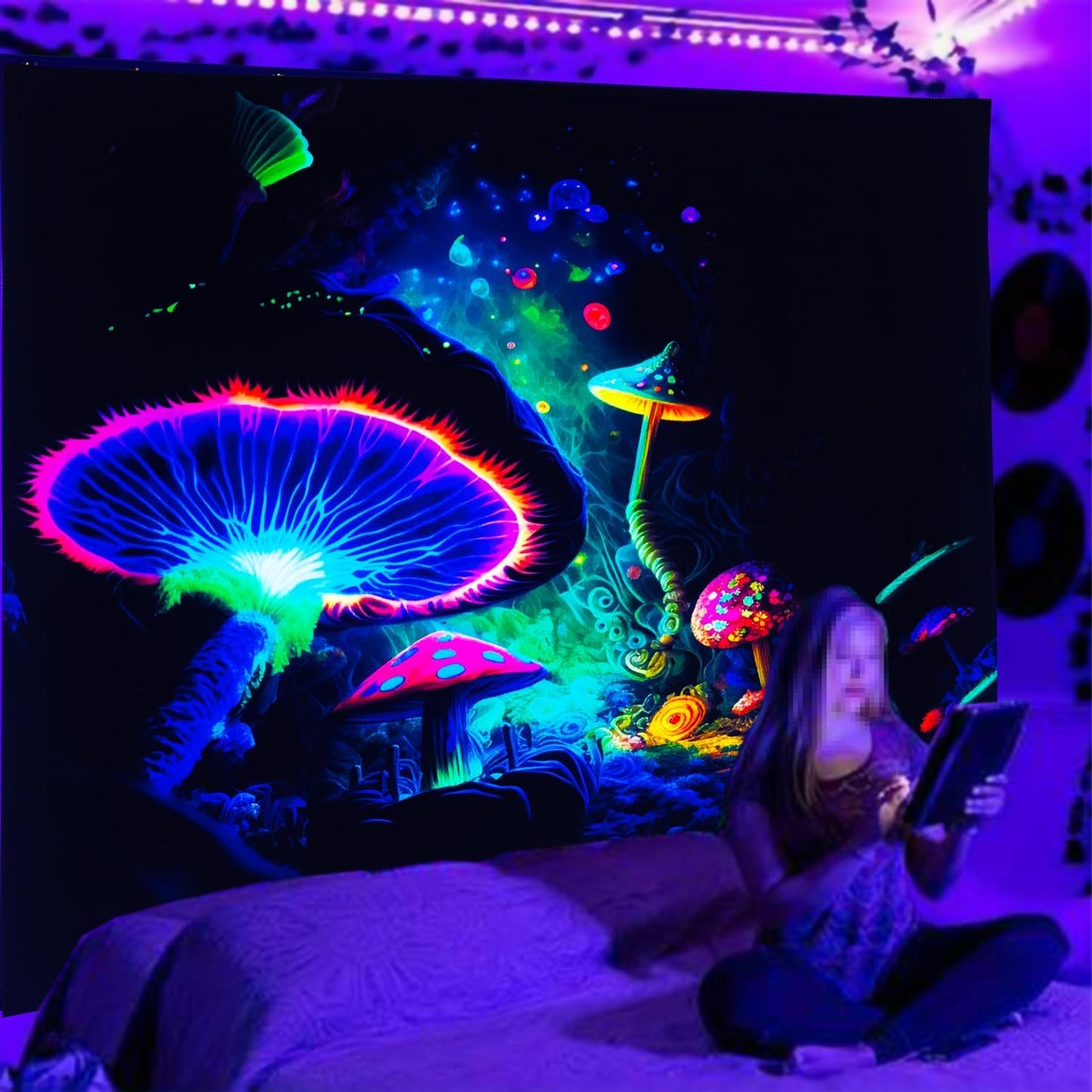 Blacklight Mushroom Tapestry Glow In The Dark Fantasy Forest Tapestry UV Reactive Magic Tapestries Wall Hanging Decor for Bedroom Dorm Living Room (35" x 47")