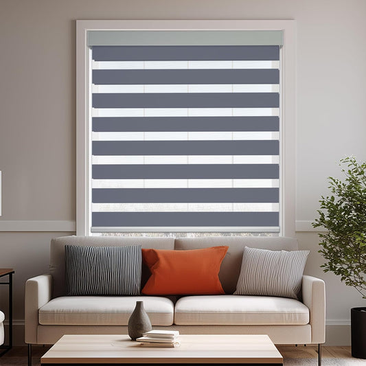 HESTIA Cordless Zebra Blinds Light Filtering Roller Shades UV Blocking Blackout Privacy Indoor Window Blind for Home Office Day and Night, Blue Grey,26" W x 54" H