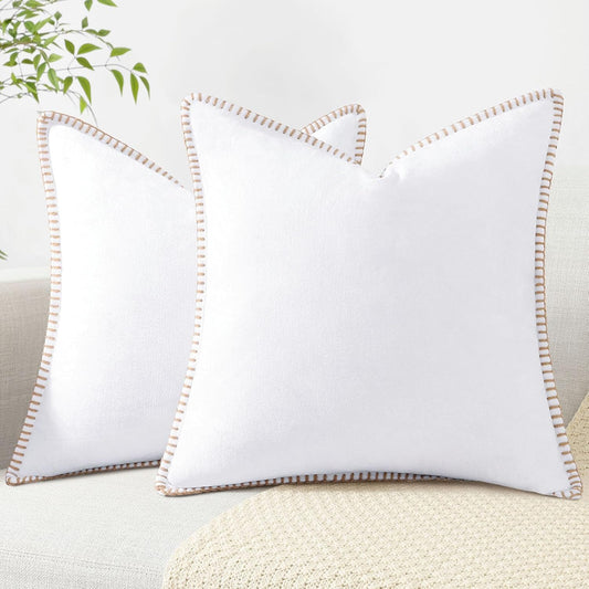 decorUhome Chenille Soft Throw Pillow Covers 16x16 Set of 2, Farmhouse Velvet Neutral Decorative Euro Pillow Covers with Stitched Edge for Couch Sofa Bed Home Decor, White