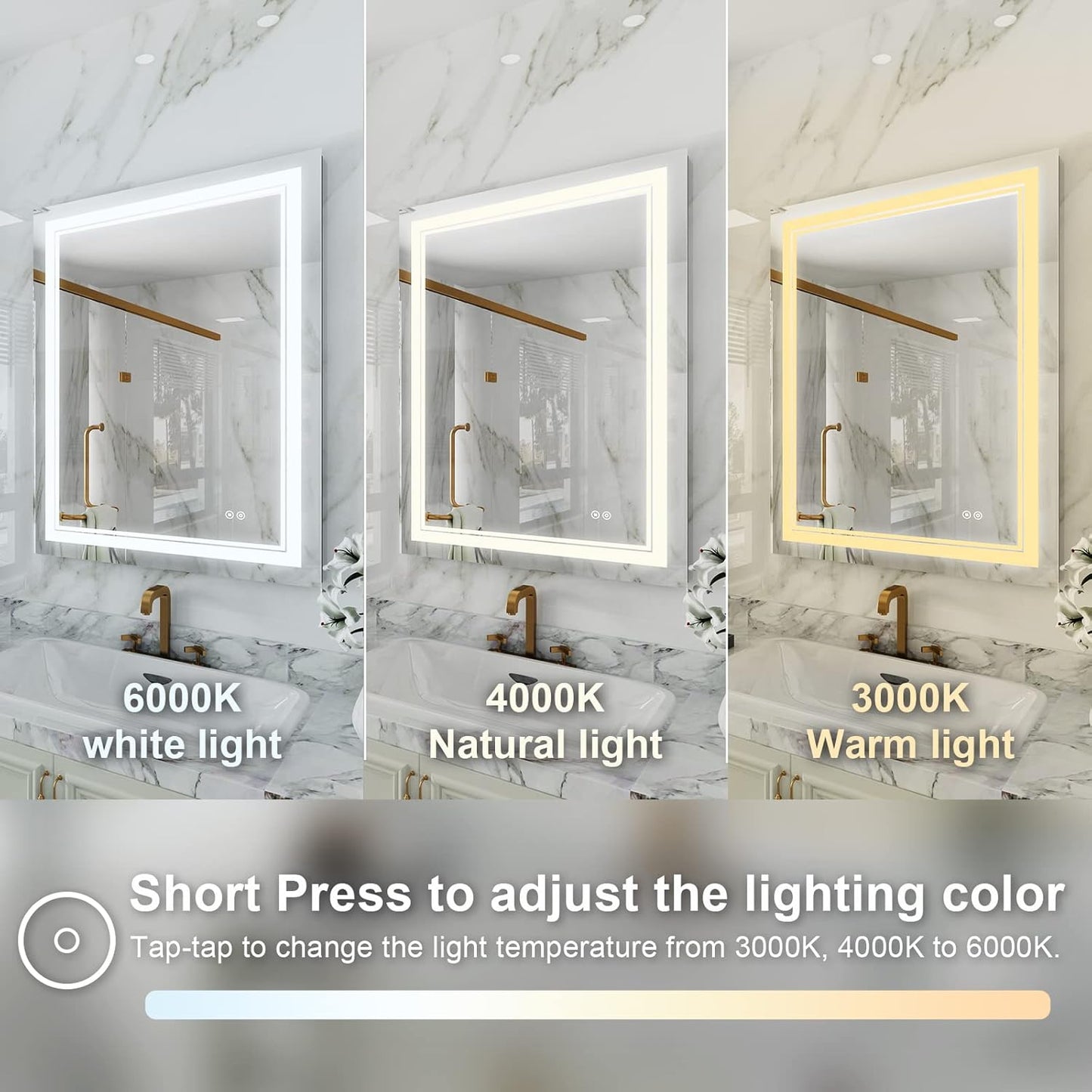 WELLFOR LED Bathroom Vanity Mirror 28 x 36 Inch, Lighted Anti-Fog Dimmable Mirror, IP44 Waterproof Wall Mounted Makeup Mirror, Packed with US Standard Plug and Touch Switch, (Horizontal/Vertical)