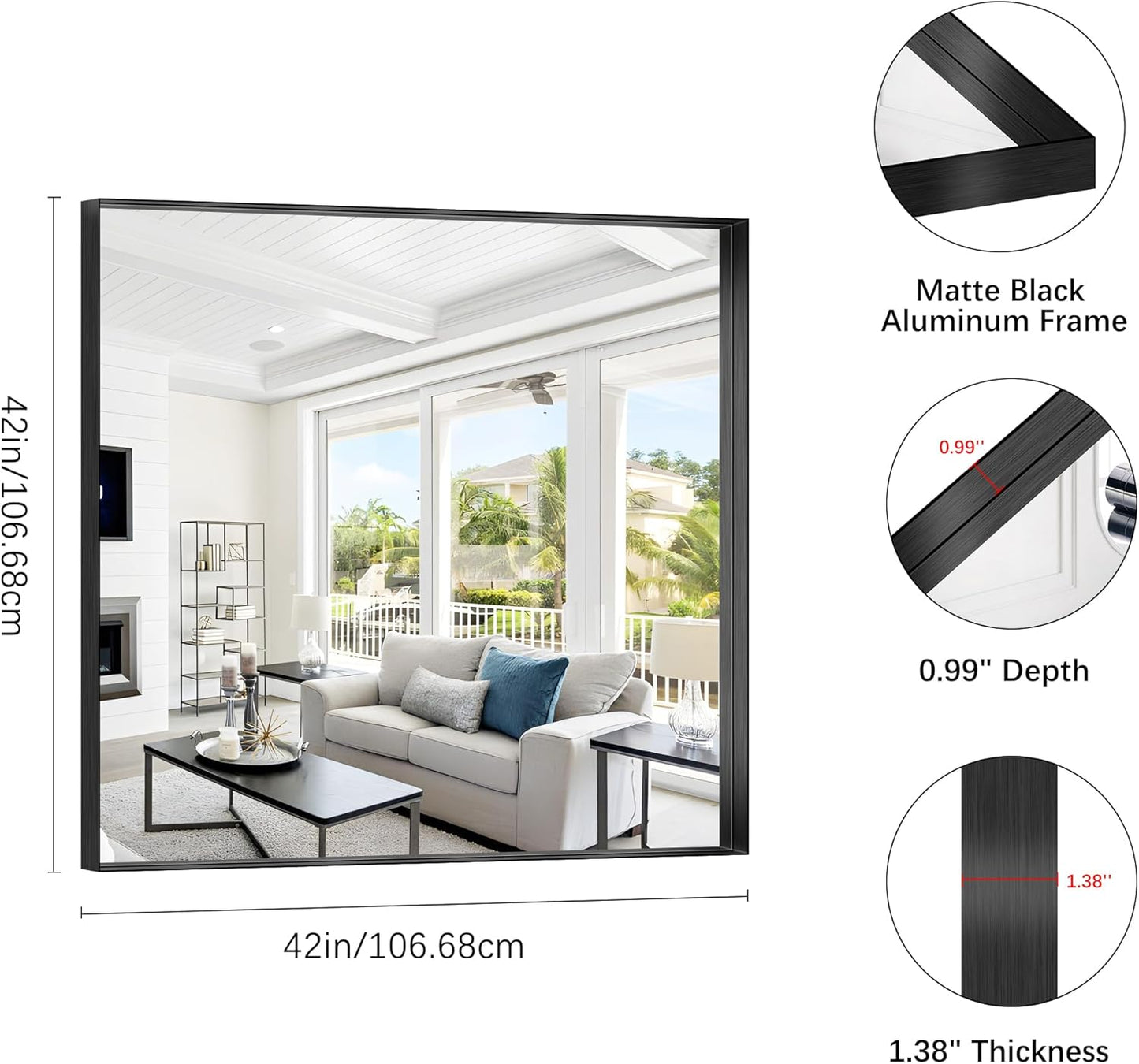 Black Bathroom Mirror, 42x42 Inch Rectangular Framed Mirror, Large Wall Mounted Bathroom Vanity Mirror Over Sink for Bedroom,Restroom, Living Room, Hangs Vertically or Horizontally