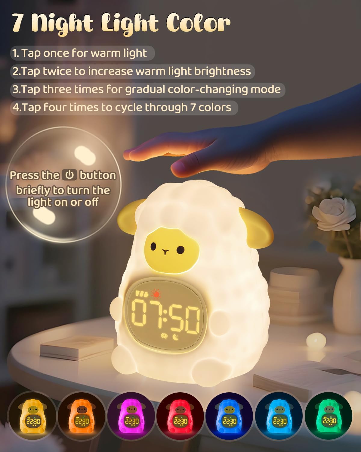Sheep Alarm Clock for Kids with Night Light, Sleep Training Clock Time to Wake Clock, Rechargeable Silicone Light for Bedroom, Perfect Sleep Companion for Boys Girls