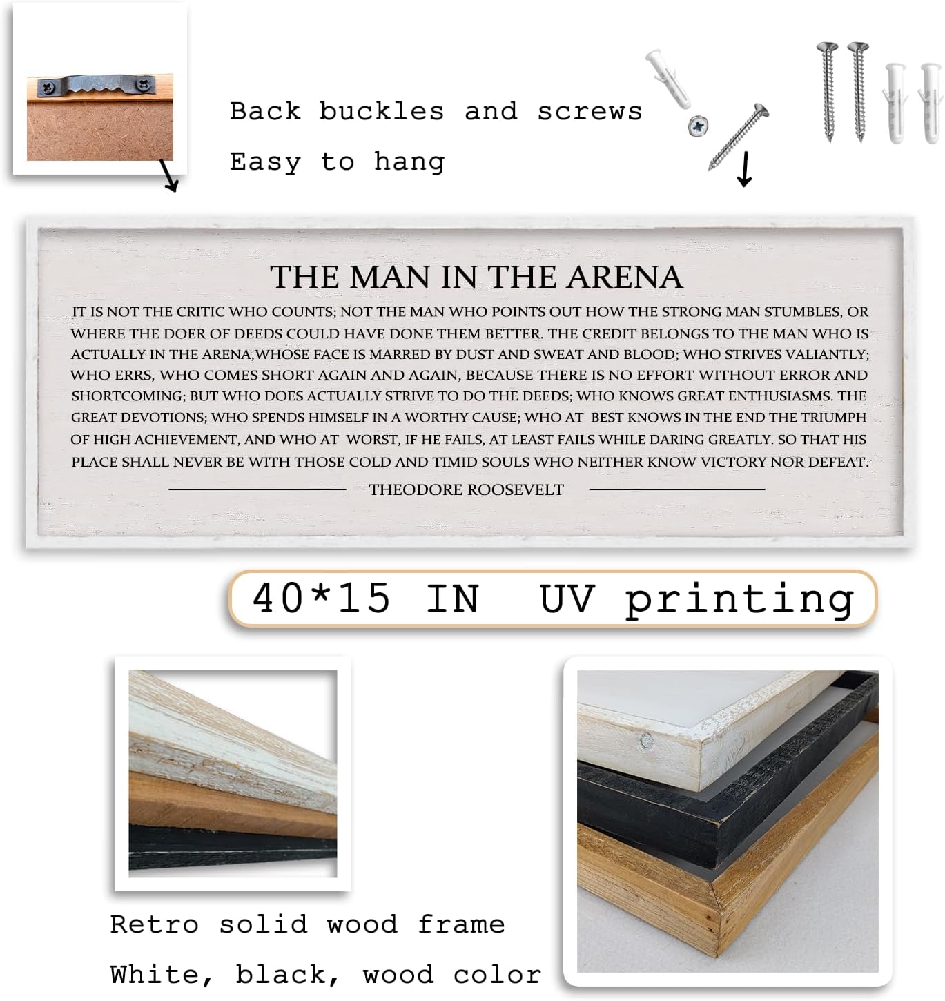 LuZhiQiang The Man in the Arena Wall Decor 40''x15'' Inspirational Quotes Office Wood Framed Sign Rustic Home Motivational Art For Man Entrepreneur Morden Living Room Wall Hanging Decor (White)