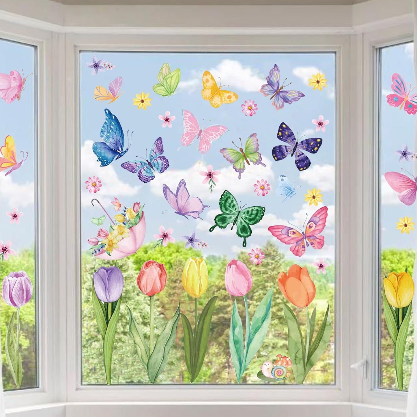 83 PCS Summer Window Clings Spring Flower Window Stickers Decorations for Glass Windows, Easter Tulip Butterfly Flower Window Decals