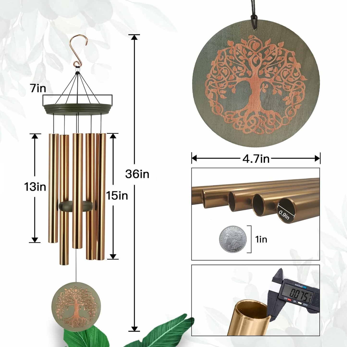 Gifts for Mom & Grandma - Outdoor Wind Chimes with Engraved Tree of Life, Large Patio Hanging Decor for Garden, Yard, Christmas, Anniversary Celebrations