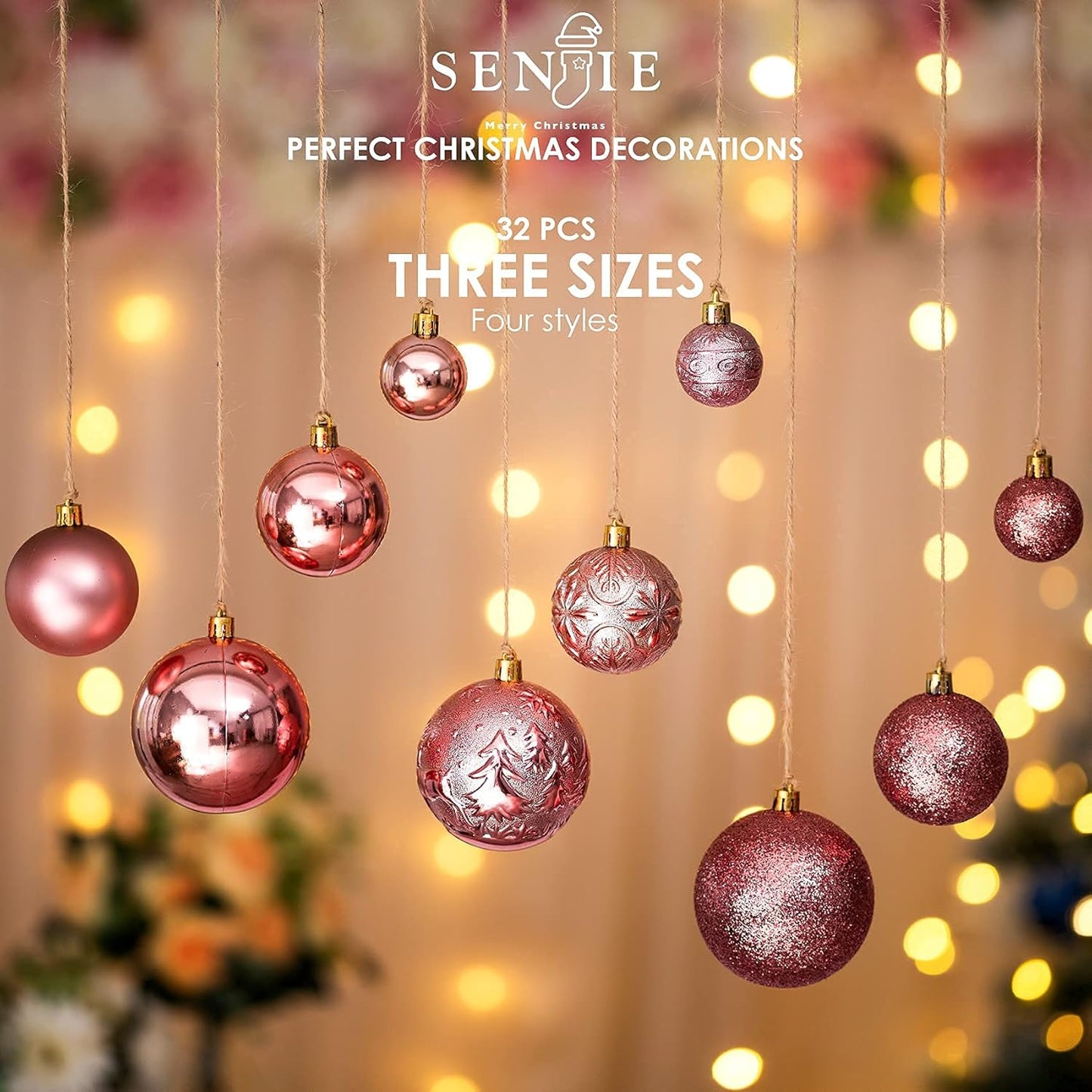 Senjie Rose Gold Shatterproof Christmas Ornaments, 32 Pcs, Plastic, Hanging, Christmas, Wedding