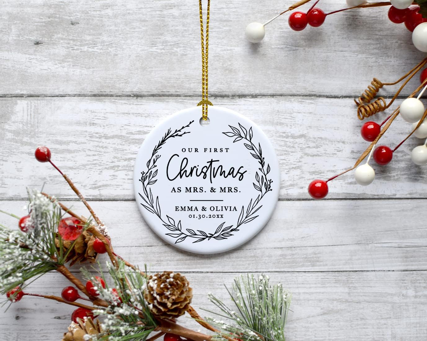 Andaz Press Personalized Our First Christmas As Mrs. & Mrs. 2025 Christmas Ornaments Modern Farmhouse Wreath 2.8" Round Porcelain Ceramic Lesbian Married Couple Gay Women Newlyweds Keepsake 1-Pack
