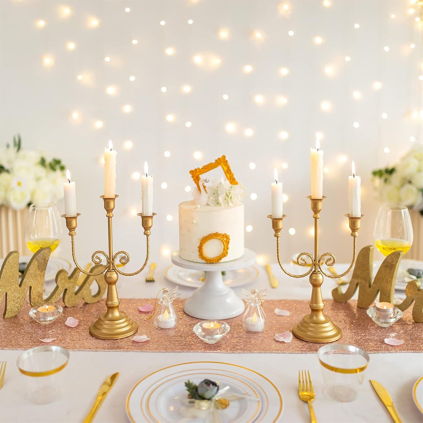 Sziqiqi Gold Taper Candle Holder for Centerpiece - 3-stem Candlesticks Holder for Wedding Table Centerpieces Metal Candle Stick Holders for Fireplace Mantle 2pcs