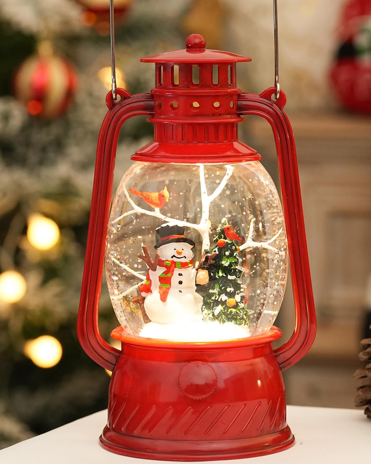 Musical Lighted Red Snowman Snow Globe Lantern with Swirling Glitter, USB & Battery Operated, 6H Timer, Classic Resin Christmas Decor & Gifts