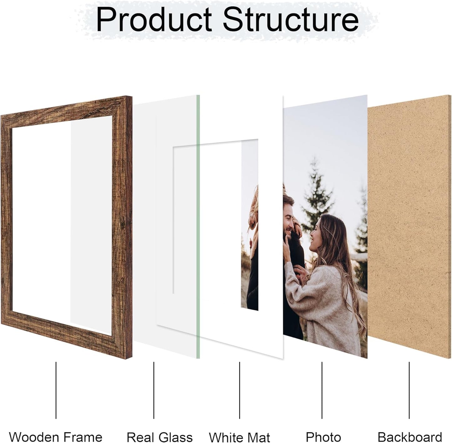 11x14 Picture Frame Set of 4, 11 x 14 Wood Photo Frames with Mat for 8x10, Natural Wooden Frame with Real Glass Cover for Wall and Tabletop Display,Rustic Brown