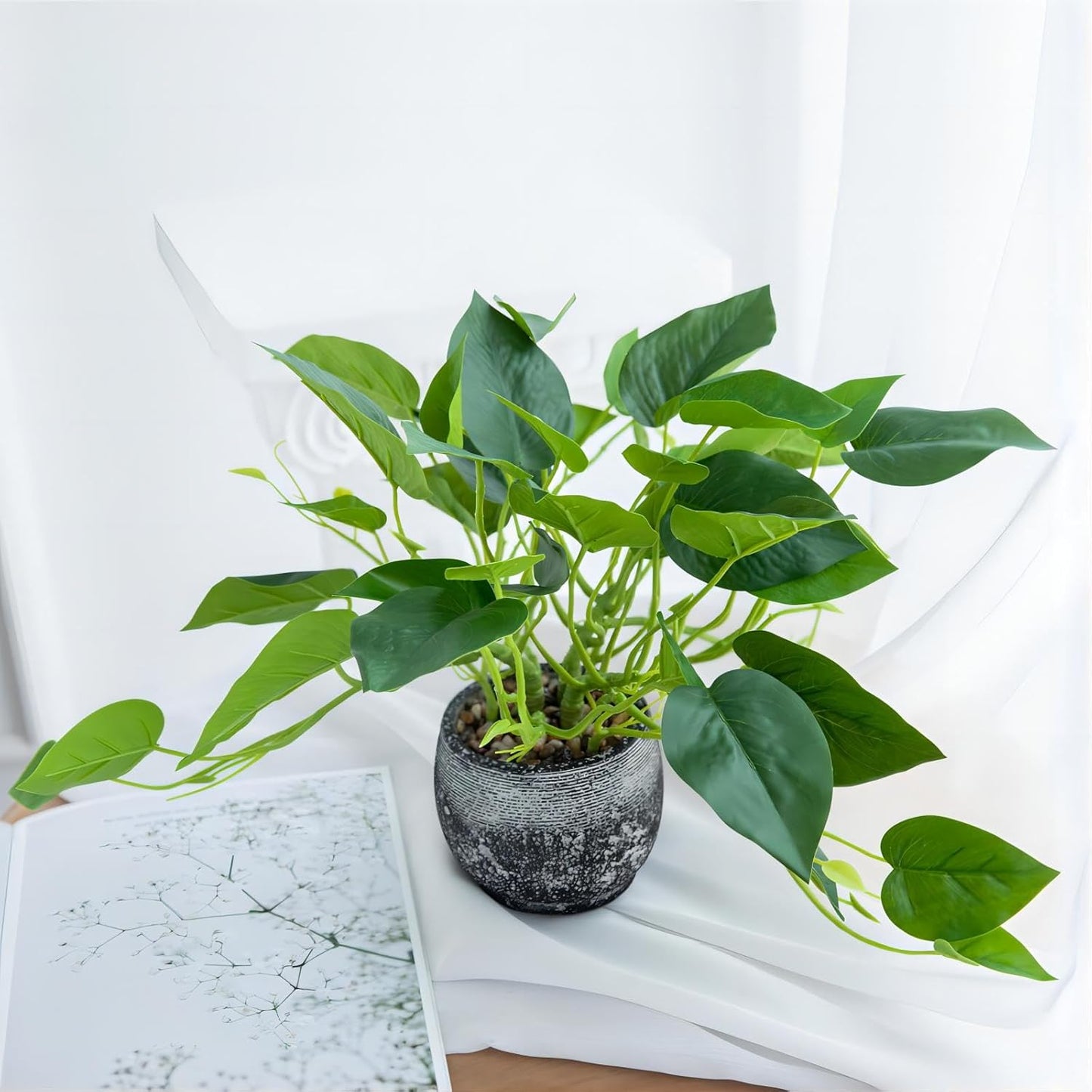 AlphaAcc Artificial Plants Potted Real Looking Small Faux Plant with Rustic Black Cement Planter for Kitchen Office Desk Bookshelf Decor (Ivy Plant)