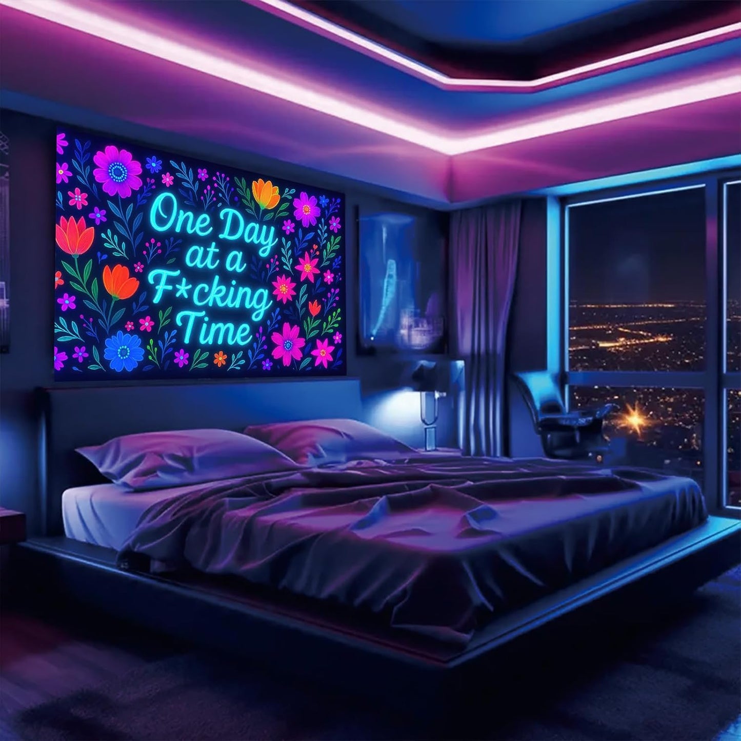 Starlit Patio Neon Flowers Blacklight Tapestry UV Reactive Wall Hanging One Day at a F*cking Time for Bedroom Dorm Living Room Glowing Motivational Decor Fluorescent Trippy Poster 78 x 59 Inch
