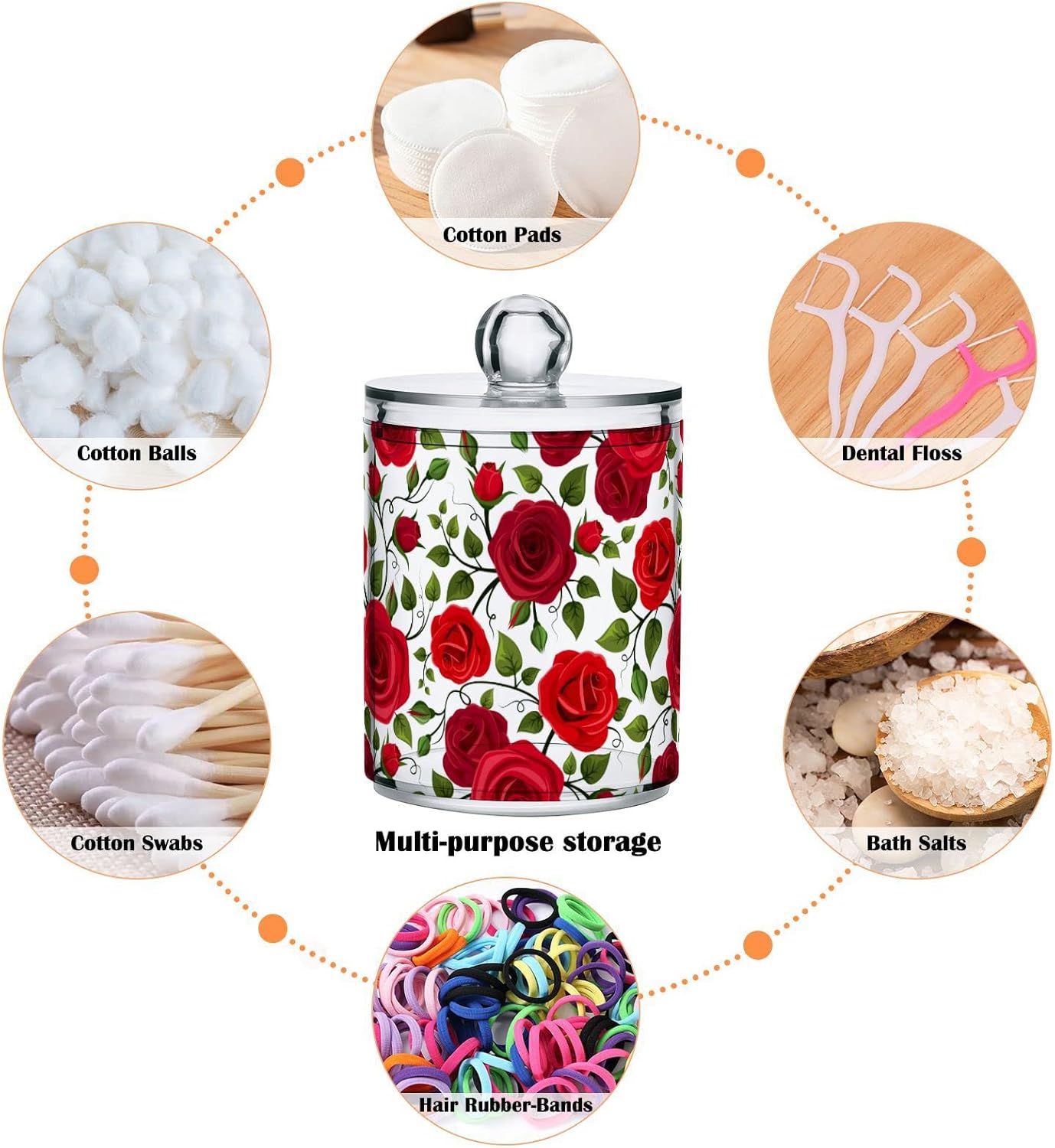 2 Pack Qtip Holder Dispenser Red Rose Flowers Bathroom Storage Canister Lid Acrylic Plastic Apothecary Jar Set Vanity Makeup Organizer for Cotton Swab/Ball/Round Pads, Floss