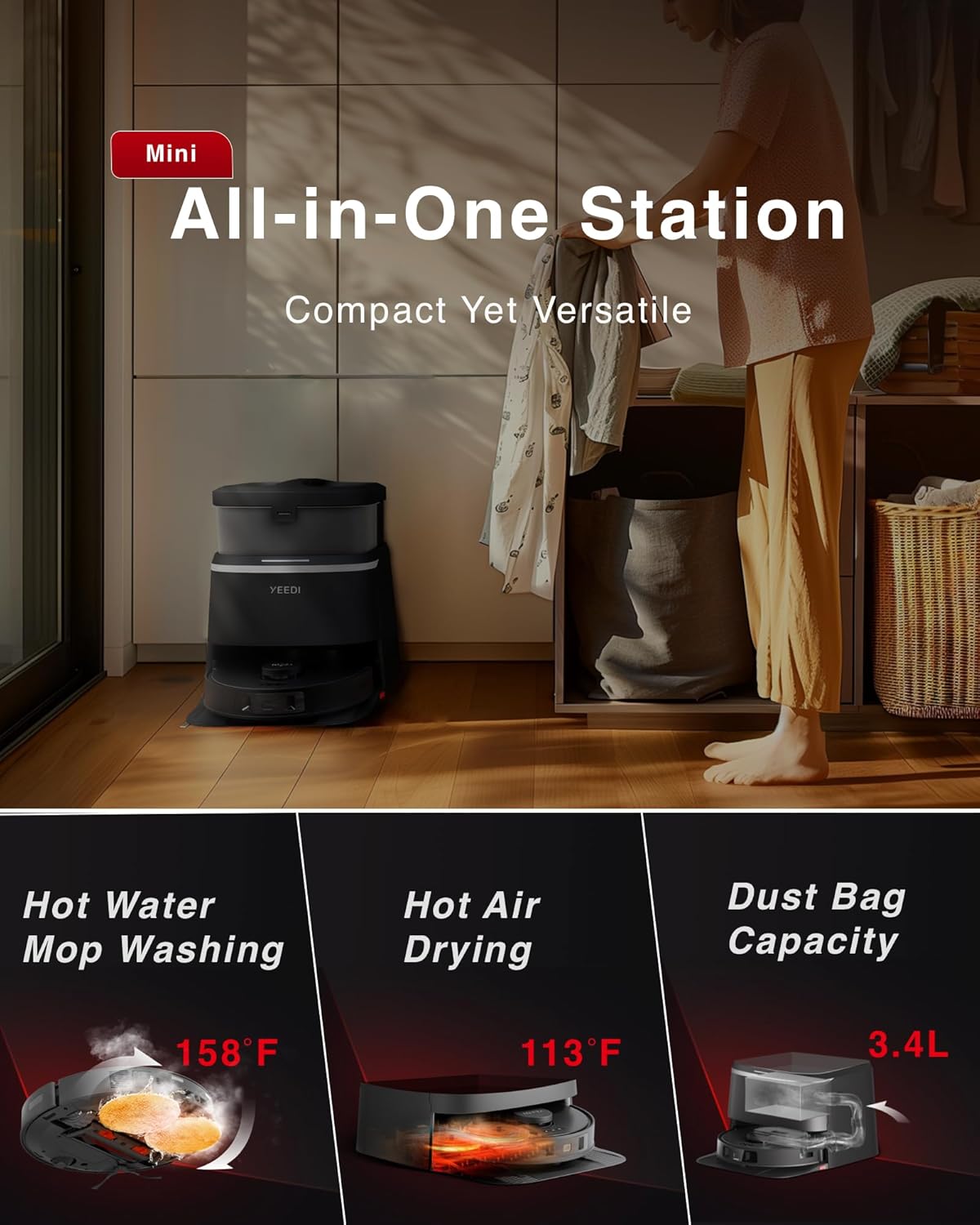 Yeedi M12 PRO+ Robot Vacuum and Mop, 11000Pa Strong Suction, ZeroTangle Technology, TruEdge Deep Mopping, Auto Mop Washing/Drying, Auto-Lift Mopping, Mini Omni Station, Black