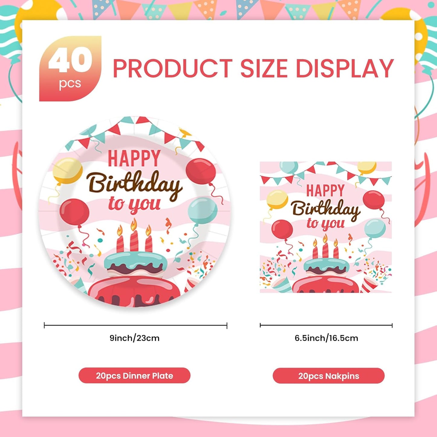 40 pcs Birthday Paper Party Plates and Napkins Disposable Colorful 9 inch 20 pcs Dessert Plates & 20 pcs Napkins Tableware for Fruit Cake Party Decorations