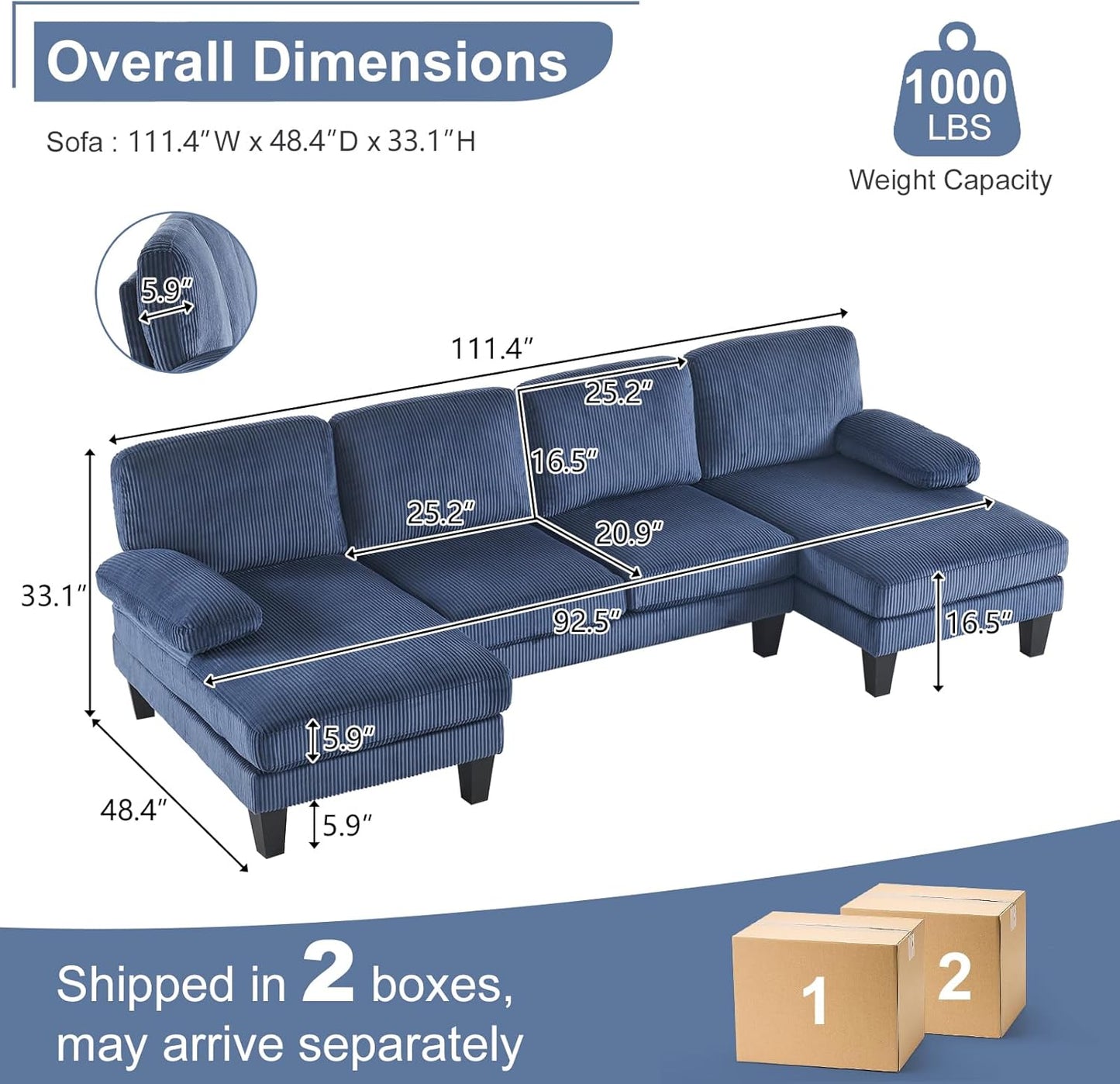 Karl home U-Shape Sectional Sofa Couch 111" Modern 4-Seat Sofa with Chaises Corduroy Fabric Upholstered Covertible Couch with Wood Grain Legs for Living Room, Reception Room, Apartment, Navy Blue