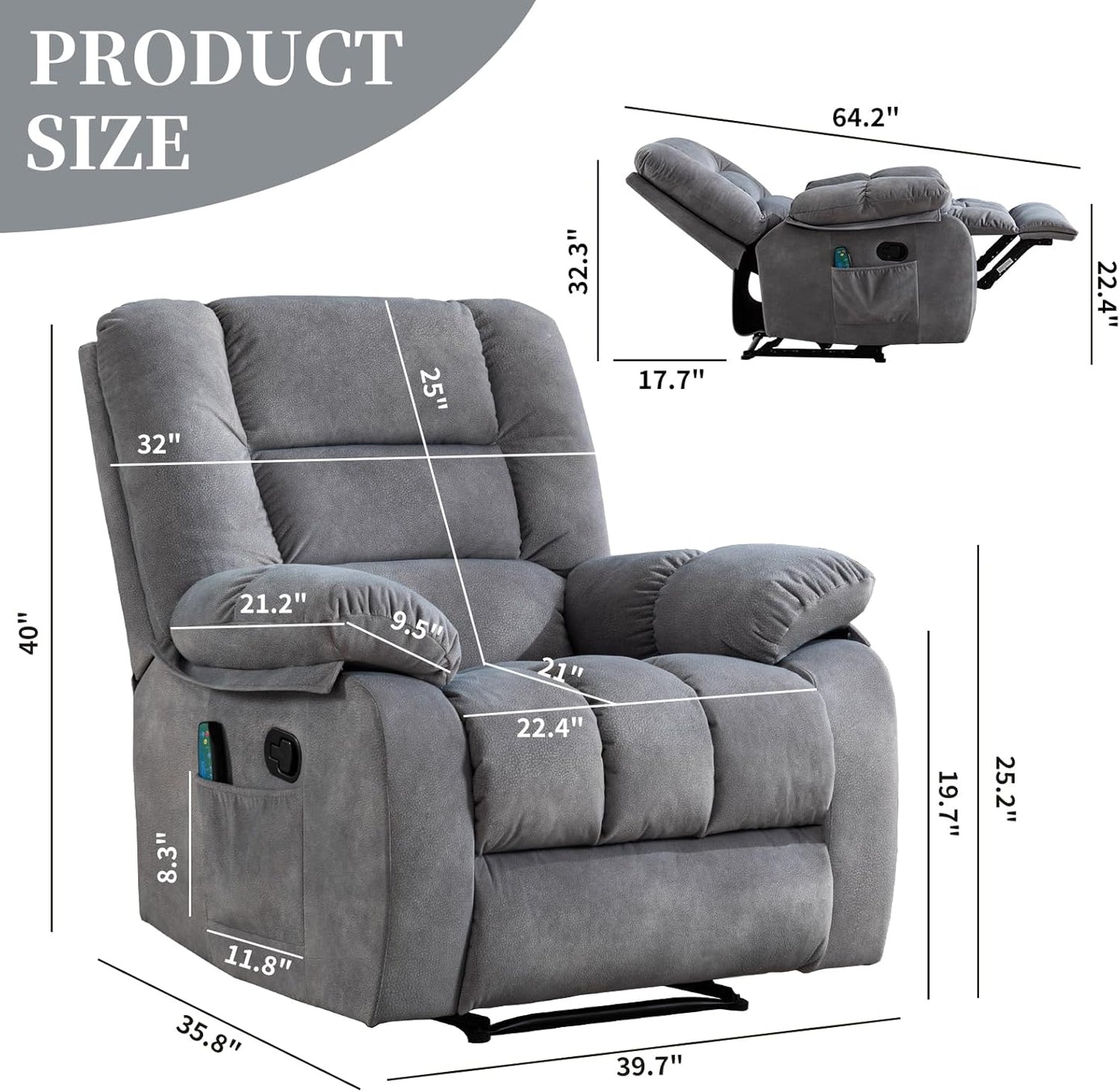 Massage Recliner Chair with Heat and Massage, Soft Fabric Ergonomic Manual Reclining Chairs, Heavy Duty Reclining Sofa Chair with Side Pockets for Living Room (Light Grey)