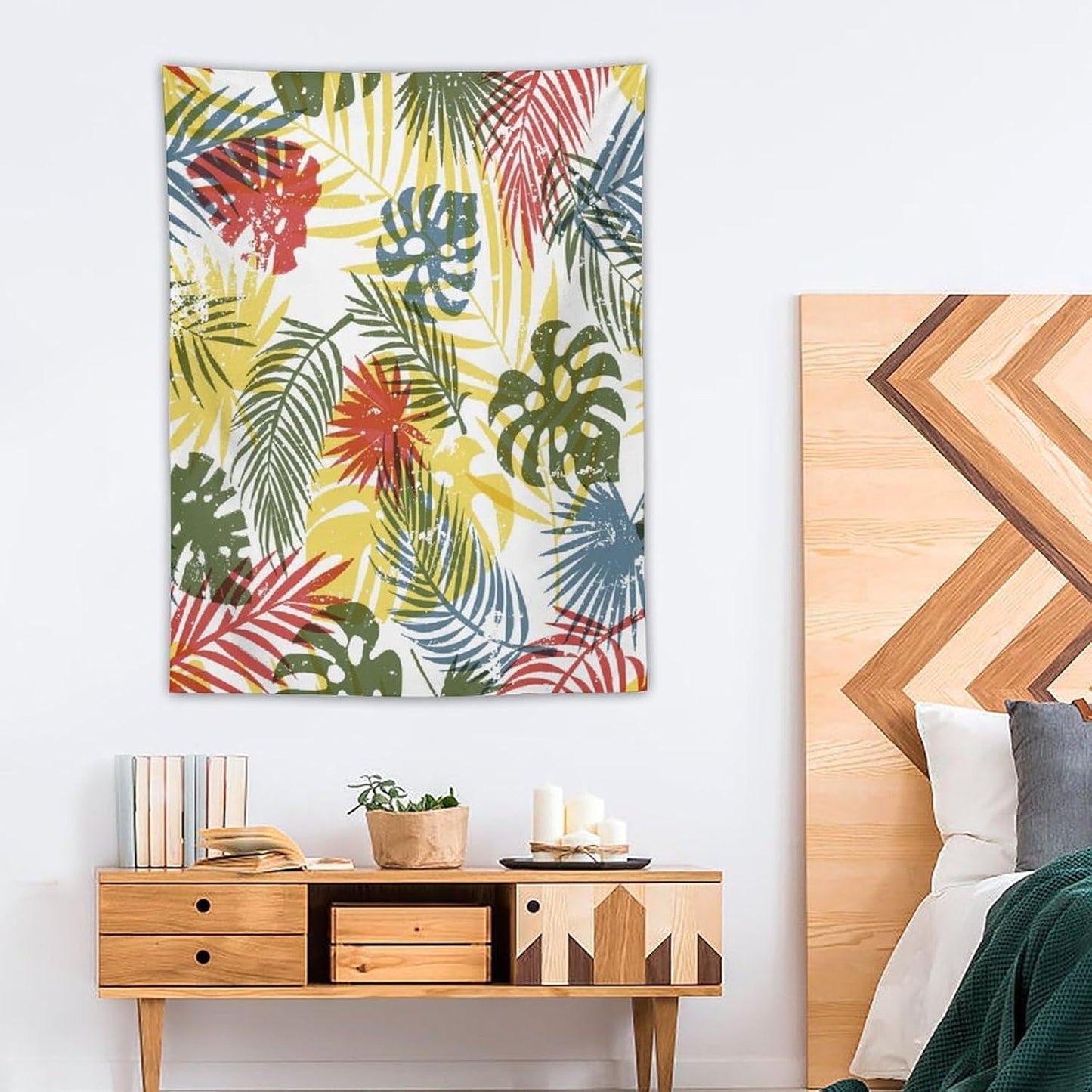 ICMOLYYENLO Boho Green Leaves Tapestry, Mid Century Abstract Tropical Palm Leaves Modern Minimalist Geometric Wall Hanging, Neutral Home Decor Art for Living Room Bedroom Dorm 40x60 Inch