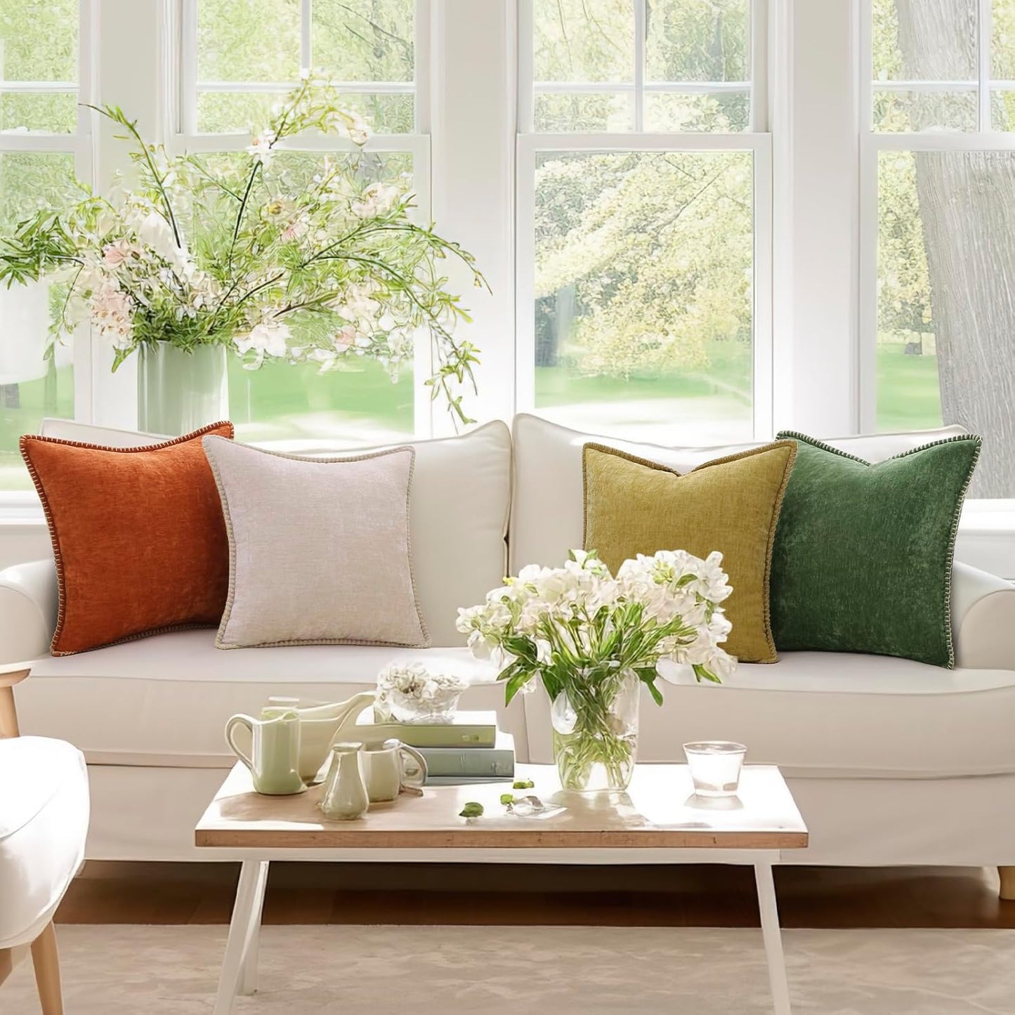 decorUhome Chenille Soft Throw Pillow Covers 26x26 Set of 2, Farmhouse Velvet Neutral Decorative Euro Pillow Covers with Stitched Edge for Couch Sofa Bed Home Decor, Beige