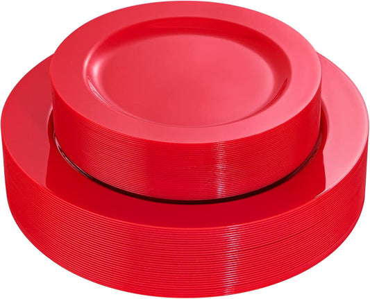 FLOWERCAT 60PCS Red Plastic Plates - Heavy Duty Red Plates Disposable for Party - Include 30PCS 10.25inch and 30PCS 7.5inch for 30 guests Party & Christmas & New Year