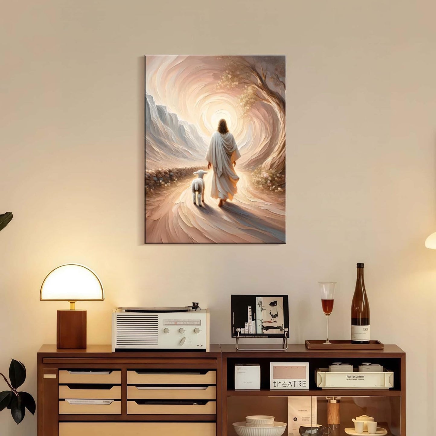 Framed Canvas Jesus and Lamb Wall Decor Wall Art Gallery Decoration Unique Print Wall Decor for Living Room Bedroom Church Home Decor 12x16 Inch Ready to Hang