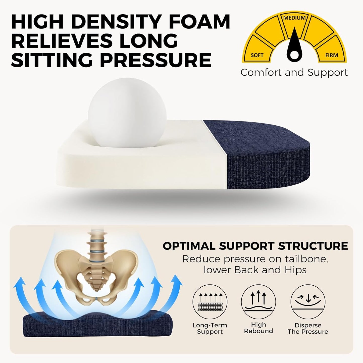 downluxe Indoor Chair Cushions for Dining Chairs, Soft and Comfortable Textured Foam Kitchen Chair Pads with Ties and Non-Slip Backing, 16" x 16" x 2", Navy, 2 Pack