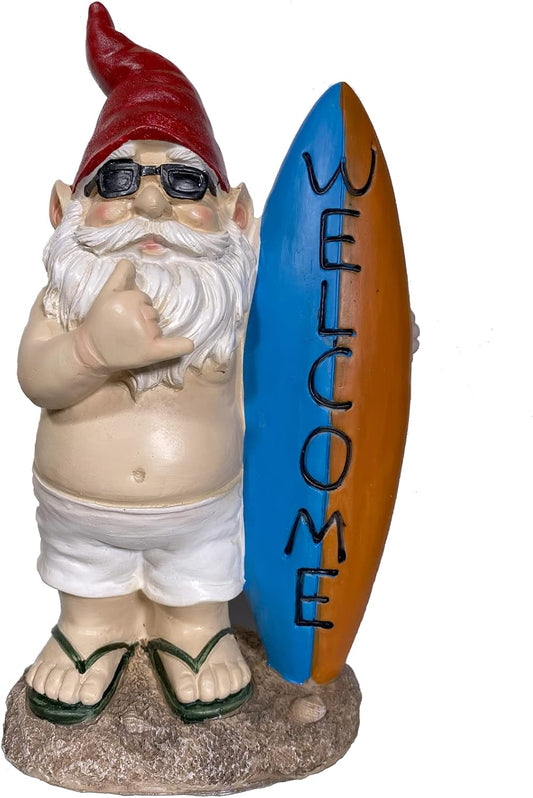 Surfer Garden Sculpture | Party Gnome Garden Statue |Surfing gnome |Funny Lawn Gnome Statue - 10 inches