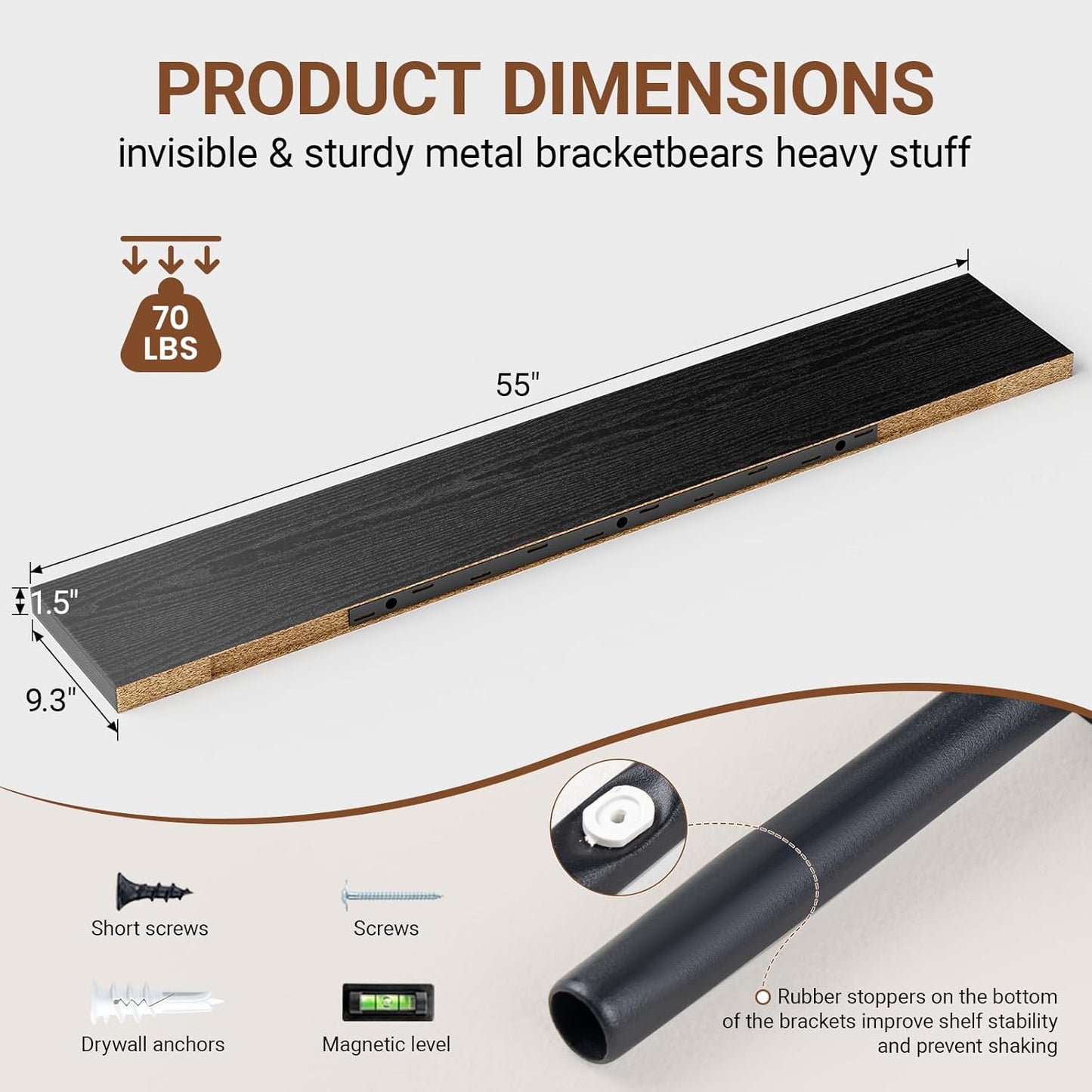 Heimlove 55 Inch Long Floating Shelves for Wall,9.3" Deep Black Floating Shelf Set of 2,Large Display Shelf & Storage Shelf,Wall Mounted Shelves for Bedroom Living Room Kitchen Office