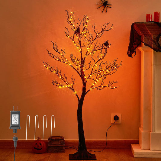 LITBLOOM Halloween Tree with Lights Plug in 4FT 150 Orange Fairy Lights, Lighted Black Spooky Tree for Indoor Outdoor Home Fall Halloween Decoration