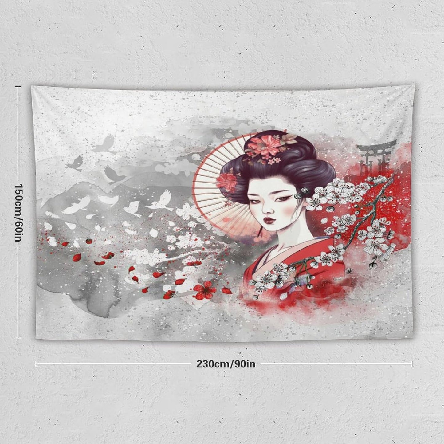 Japanese Geisha Tapestry Asian Red Cherry Blossom Traditional Kimono Folk Tapestries Home Decor for Living Room Bedroom Apartment Farmhouse Dorm 90"x60"