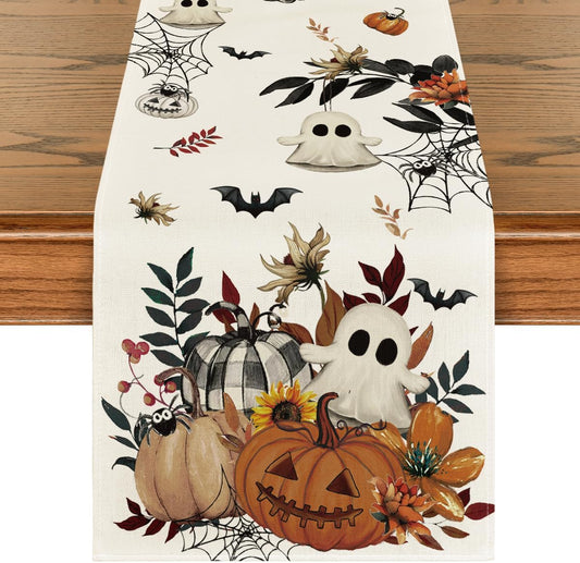 Artoid Mode Pumpkin Ghost Leaves Spider Web 210 GSM Halloween Table Runner, Spooky Kitchen Dining Table Decoration for Home Party Decor 13x36 Inch