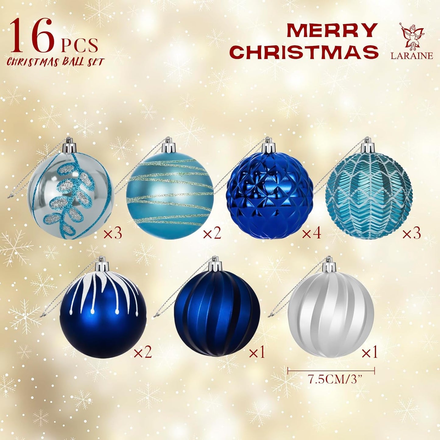 LARAINE Christmas Balls Ornaments 16 Pcs Decorations for Christmas Tree, Shatterproof Hanging Ball Variety Gift Set of Holiday Party Wedding Decoration (Blue)