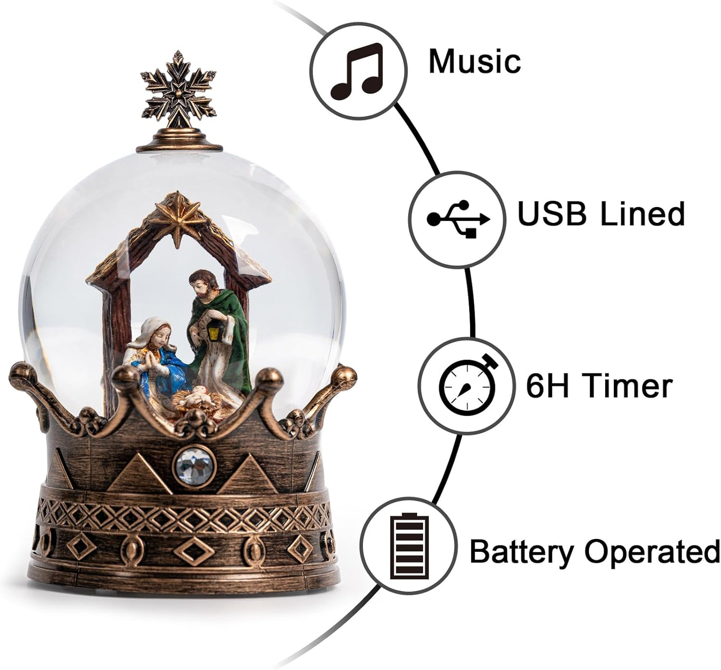 Christmas Snow Globe Lantern Water Glittering Nativity Crown with Music, USB Lined/Battery Operated Lighted Lantern for Christmas Festival Decoration Gifts